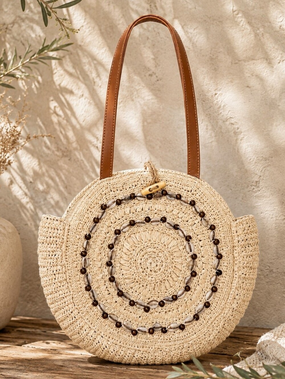 INC International Concepts Straw Cowrie Shell Boho Tote Bag